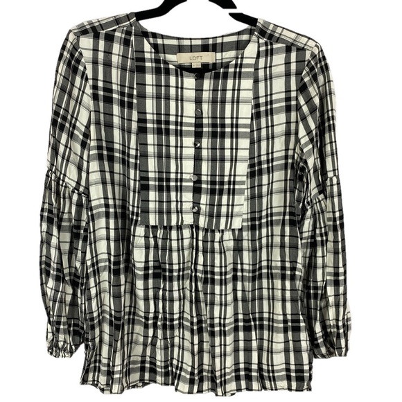 Loft Plaid Long Sleeve Peasant Blouse Medium Black White - Picture 1 of 12